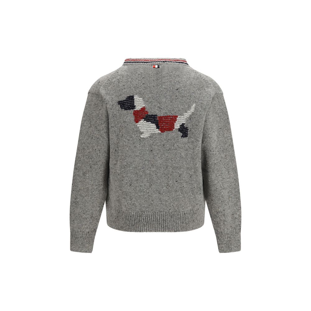 Cardigan by Thom Browne for men in merino wool & mohair gray, signature, patchwork & striped features an crisp silhouette, showcasing a sophisticated v-neck neckline and detail for a truly crisp finish.