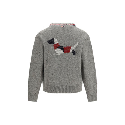Cardigan by Thom Browne for men in merino wool & mohair gray, signature, patchwork & striped features an crisp silhouette, showcasing a sophisticated v-neck neckline and detail for a truly crisp finish.
