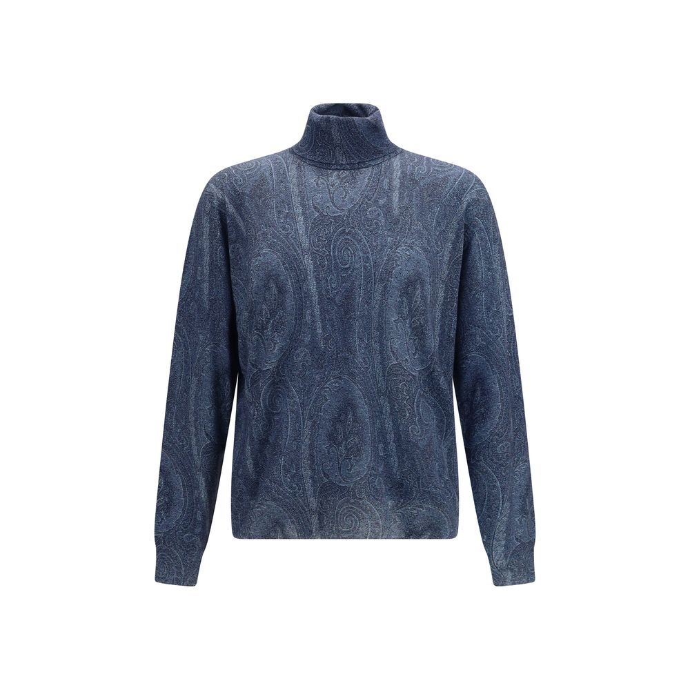 This Sweater by Etro for men in cashmere silk & capra leather blue, patterned, paisley & signature presents a understated silhouette, featuring a sophisticated turtle high-neck neckline and long-sleeve for a understated finish.