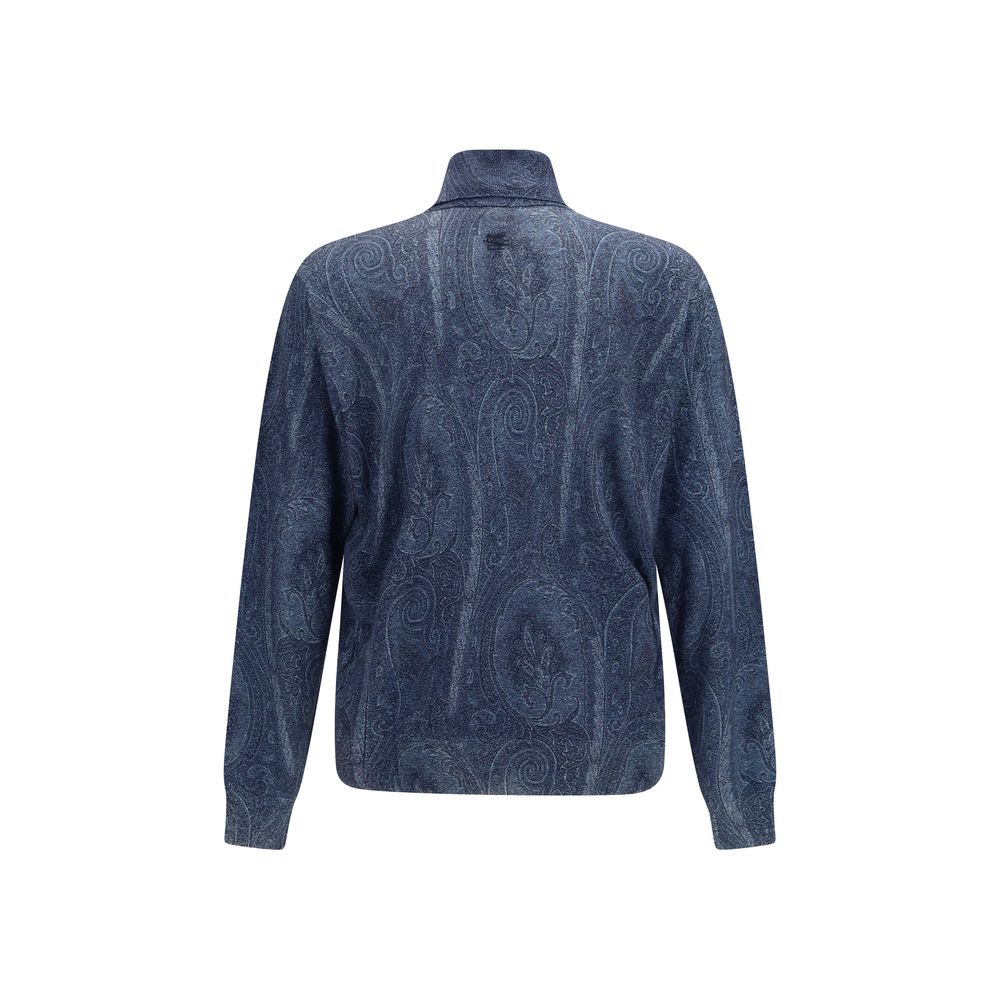 Sweater by Etro for men in cashmere silk & capra leather blue, patterned, paisley & signature showcases a sumptuous silhouette, artfully finished with a sumptuous turtle high-neck neckline and for a sophisticated, sumptuous look.