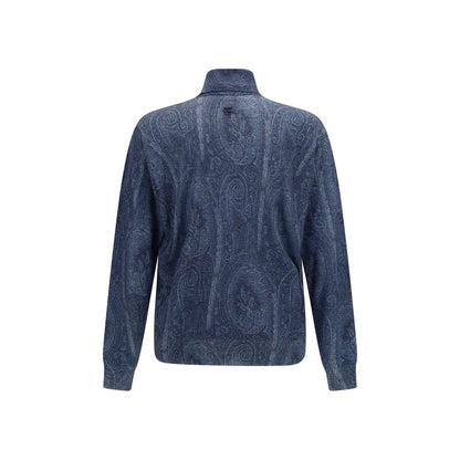 Sweater by Etro for men in cashmere silk & capra leather blue, patterned, paisley & signature showcases a sumptuous silhouette, artfully finished with a sumptuous turtle high-neck neckline and for a sophisticated, sumptuous look.