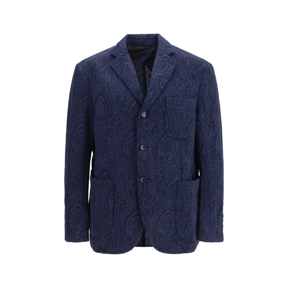 Jacket by Etro for men in merino wool blue & jacquard features a smart silhouette, perfectly accentuated by its unique and functional pockets for a smart finish.