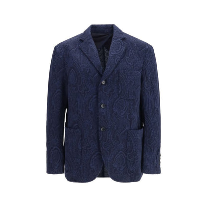 Jacket by Etro for men in merino wool blue & jacquard features a smart silhouette, perfectly accentuated by its unique and functional pockets for a smart finish.