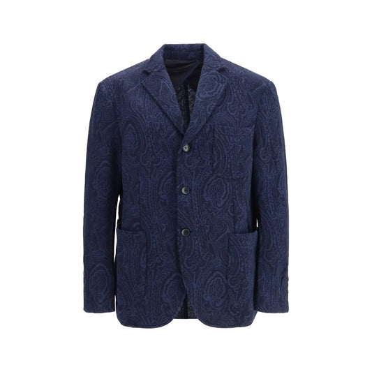 Jacket by Etro for men in merino wool blue & jacquard features a smart silhouette, perfectly accentuated by its unique and functional pockets for a smart finish.
