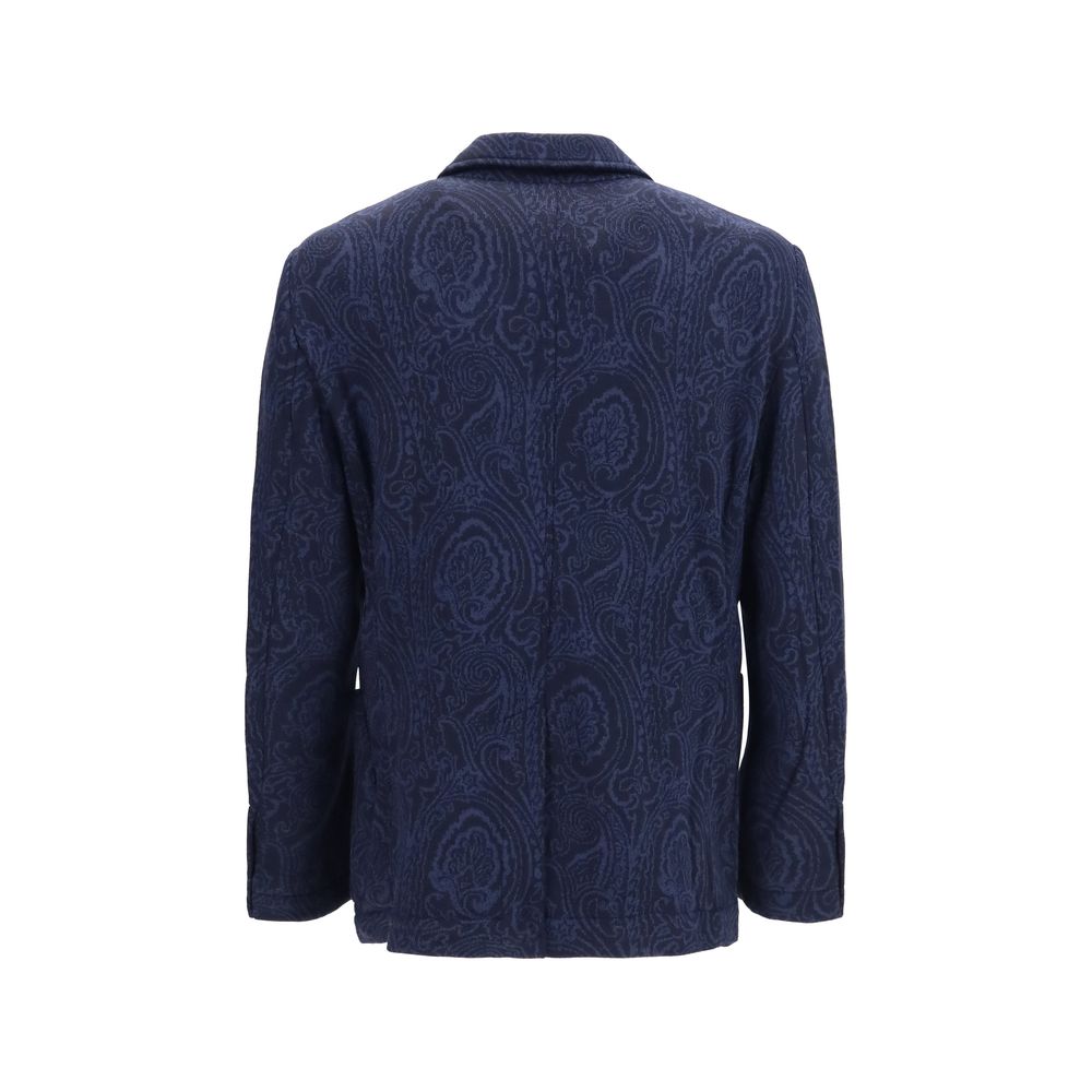 Jacket by Etro for men in merino wool blue & jacquard showcases a contemporary silhouette, detailed with a contemporary and premium pockets for a sophisticated finish.