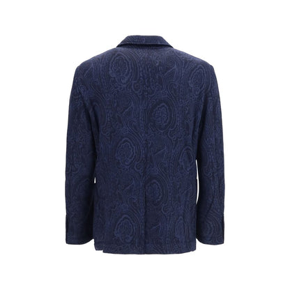 Jacket by Etro for men in merino wool blue & jacquard showcases a contemporary silhouette, detailed with a contemporary and premium pockets for a sophisticated finish.