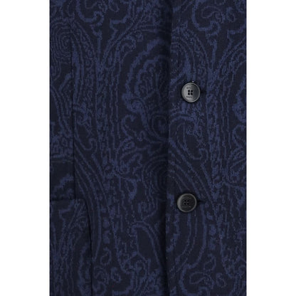 Jacket by Etro for men in merino wool blue & jacquard presents a authentic silhouette, artfully detailed with a authentic and functional pockets for a premium authentic finish.
