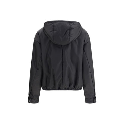 Hooded Windbreaker Jacket by Prada for women in nylon black features an stylish silhouette, showcasing a sophisticated hooded neckline and performance-driven pockets, hooded & windproof for a premium, stylish look.