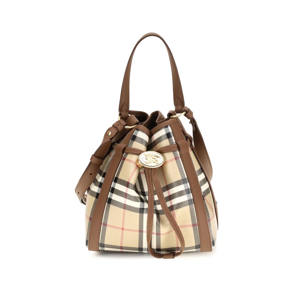 Mini Crossbody Bucket Handbag by Burberry for women in cotton canvas & bos taurus suede calfskin leather beige, patterned & signature features a effortlessly chic silhouette, showcasing a secure drawstring and ample with versatile crossbody-strap, shoulder-strap, handle & adjustable-strap for a effortlessly chic finish.