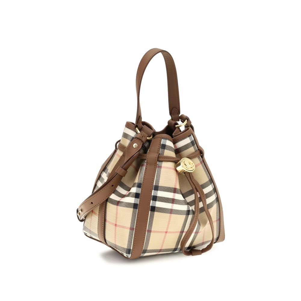Mini Crossbody Bucket Handbag by Burberry for women in cotton canvas & bos taurus suede calfskin leather beige, patterned & signature features a resort-ready silhouette with a secure drawstring, ample , and versatile crossbody-strap, shoulder-strap, handle & adjustable-strap for a resort-ready finish.