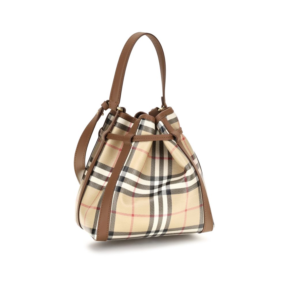Mini Crossbody Bucket Handbag by Burberry for women in cotton canvas & bos taurus suede calfskin leather beige, patterned & signature features an sun-drenched silhouette, showcasing a secure drawstring, ample , and versatile crossbody-strap, shoulder-strap, handle & adjustable-strap for a truly sun-drenched finish.