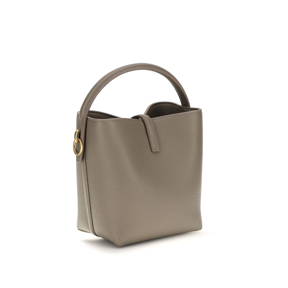 Mini Bucket Handbag by Saint Laurent for women in bos taurus calf grained & suede leather beige & signature features an sun-drenched silhouette, showcasing a secure hook, ample , and versatile shoulder-strap, handle & adjustable-strap for a truly sun-drenched finish.