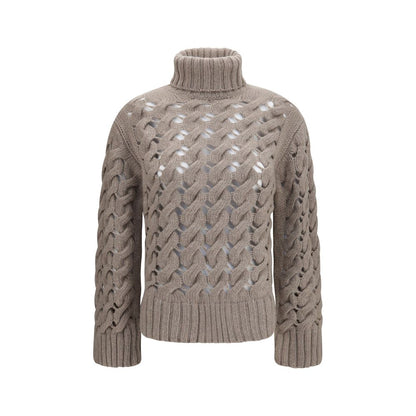 Sweater by P.A.R.O.S.H. for women in virgin wool beige & patterned features an polished silhouette, showcasing refined long-sleeve and a sophisticated turtle high-neck neckline for a truly polished finish.