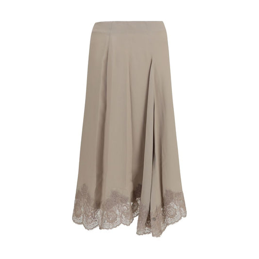 Skirt by P.A.R.O.S.H. for women in silk & acetate beige features a contoured silhouette from the Women's Straight Silk & Acetate Midi Skirt collection, characterized by its contoured midi for a contoured finish.