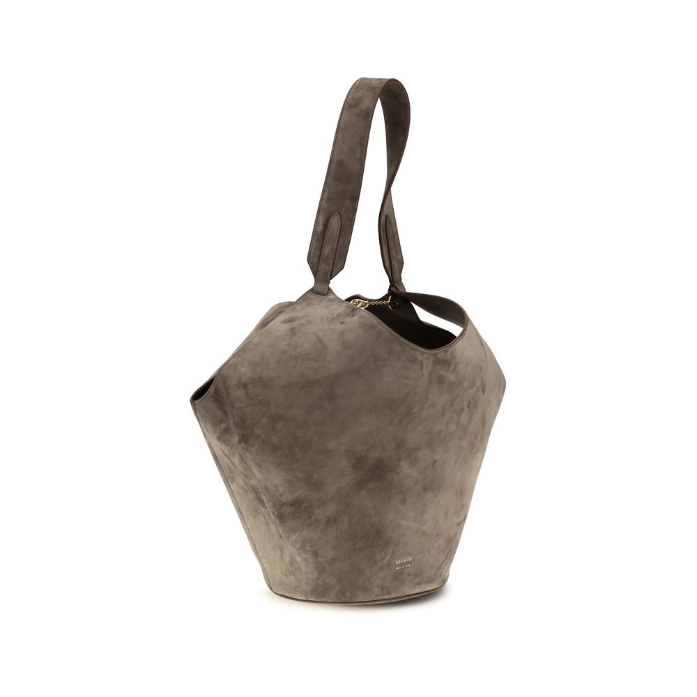 Small Shoulder Bag by Khaite for women in bos taurus calf suede leather beige & monogram features an effortlessly chic silhouette with a secure , ample , and versatile shoulder-strap & handle for effortlessly chic everyday luxury.