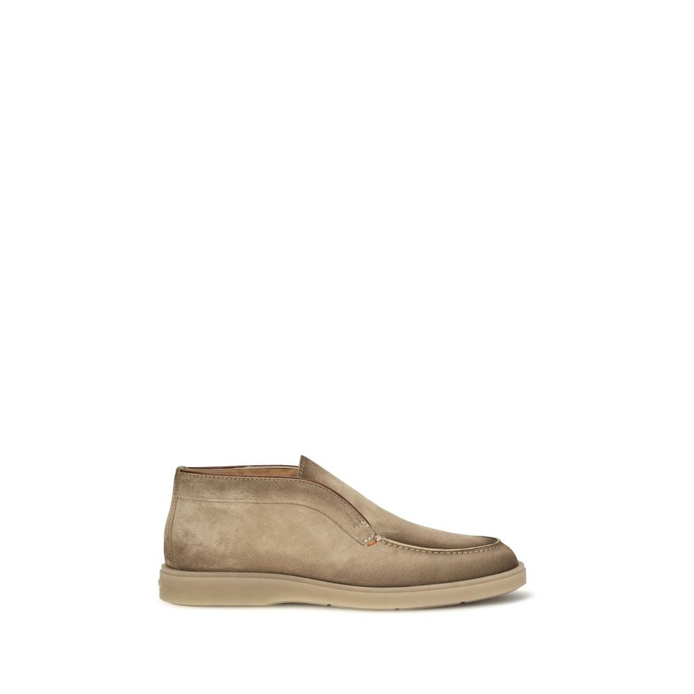 Flat Loafer Slip-On Shoes by Santoni for men in suede calf leather beige features an ergonomic silhouette, perfectly showcasing Men's Suede Calf Leather Flat Loafer Slip-On Shoes with its distinct flat and elegant .