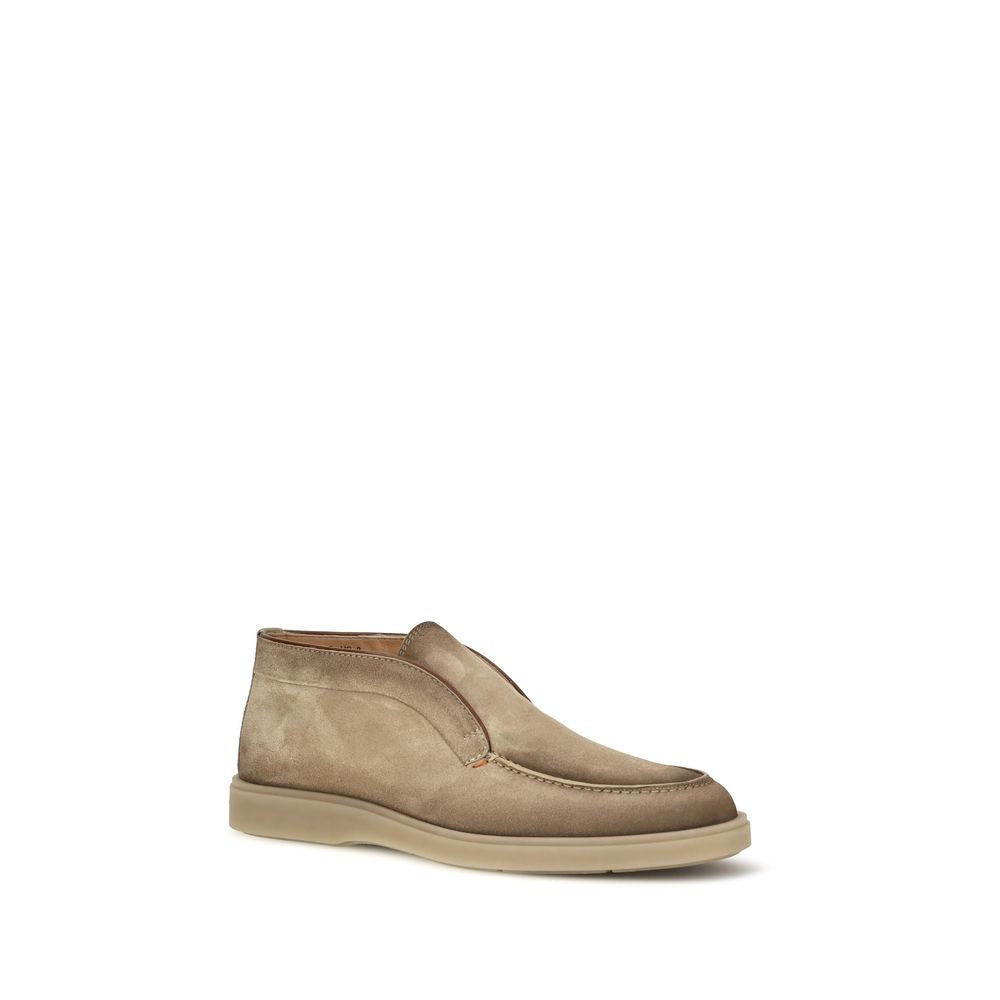 Flat Loafer Slip-On Shoes by Santoni for men in suede calf leather beige showcases a resplendent Men's Suede Calf Leather Flat Loafer Slip-On Shoes aesthetic, defined by its resplendent and elegant flat.
