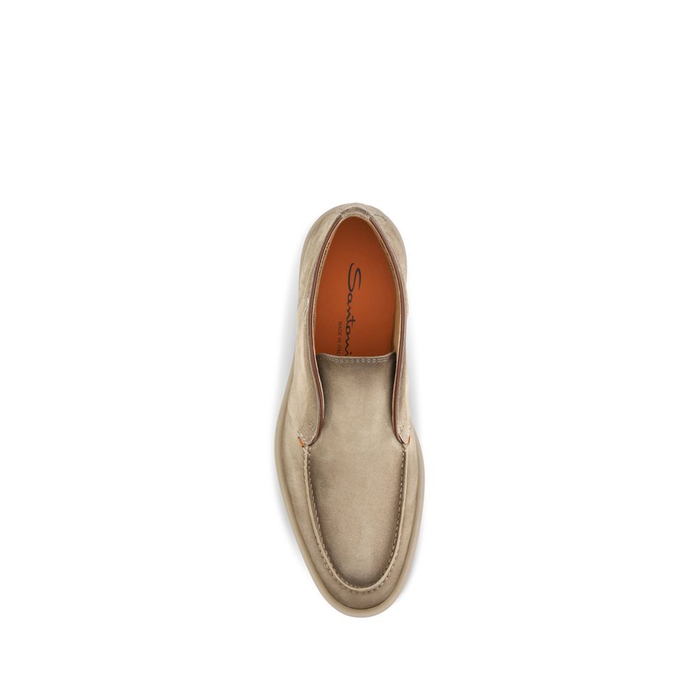 Flat Loafer Slip-On Shoes by Santoni for men in suede calf leather beige showcases a impeccable silhouette as Men's Suede Calf Leather Flat Loafer Slip-On Shoes, artfully designed with a impeccable flat and refined for a impeccable finish.