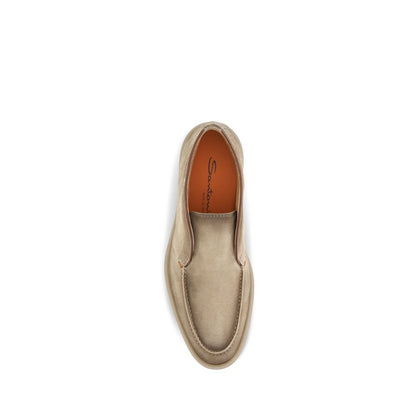 Flat Loafer Slip-On Shoes by Santoni for men in suede calf leather beige showcases a impeccable silhouette as Men's Suede Calf Leather Flat Loafer Slip-On Shoes, artfully designed with a impeccable flat and refined for a impeccable finish.