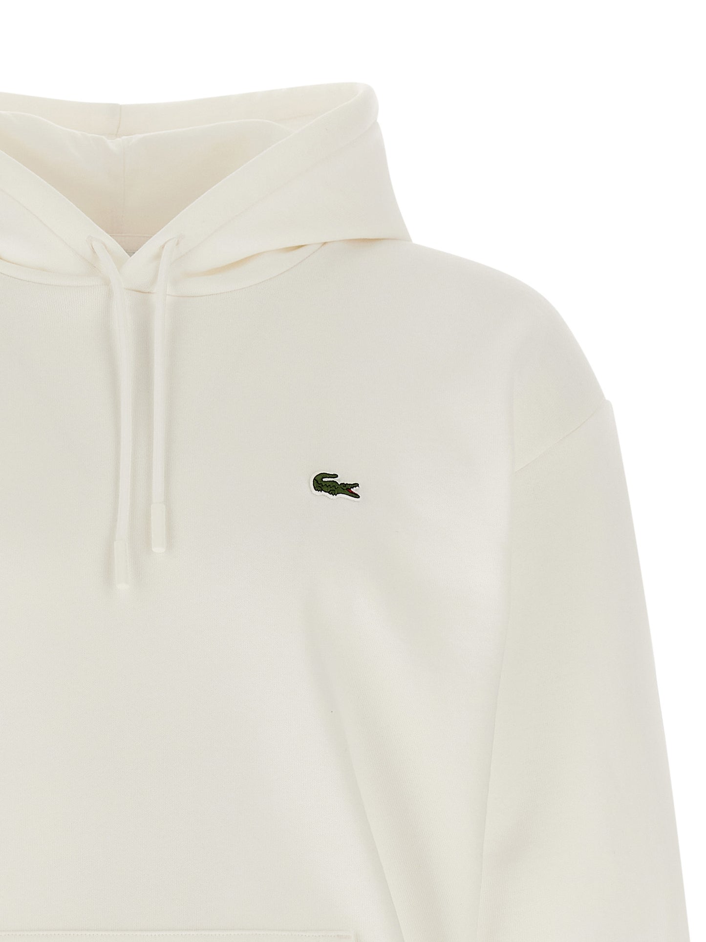 Sweatshirt Hoodie by Lacoste for men in poly cotton & crocodile skin leather cream & white features a slouchy chic silhouette, detailed with a slouchy chic and a signature for an elevated aesthetic.
