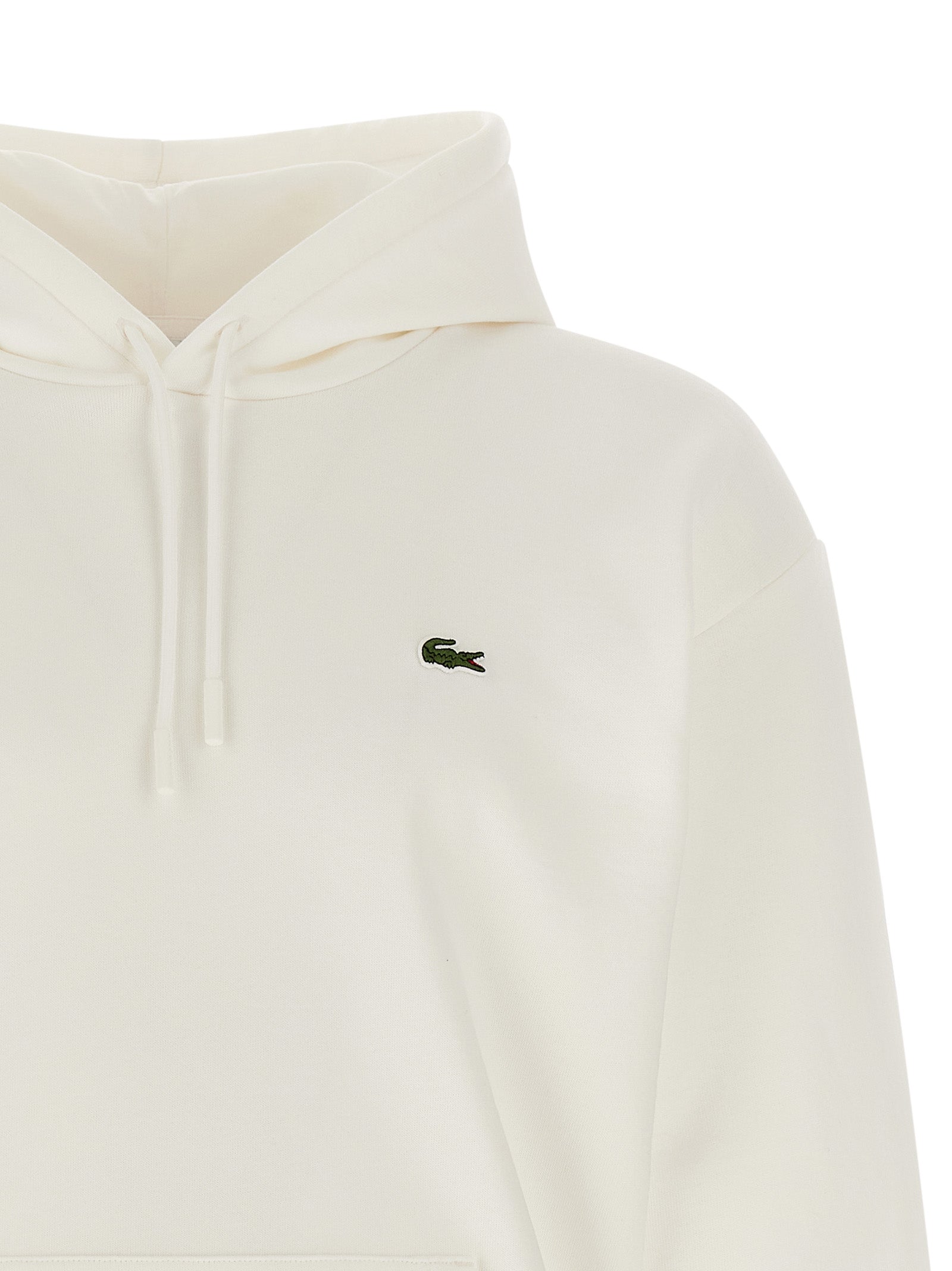 Sweatshirt Hoodie by Lacoste for men in poly cotton & crocodile skin leather cream & white features a slouchy chic silhouette, detailed with a slouchy chic and a signature for an elevated aesthetic.