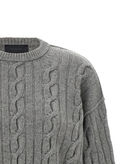 Cardigan by Haikure for women in denim cotton blue & gray features a dramatic silhouette, showcasing a sophisticated crew neckline and dramatic detail for a timeless, premium look.