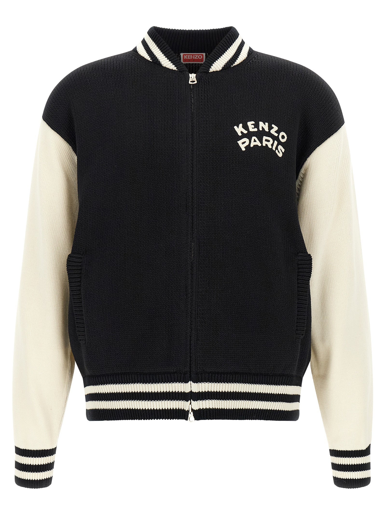 Cardigan by Kenzo for men in cotton bicolour, black, cream, silver, white & striped showcases a captivating silhouette, artfully detailed with a captivating and for a truly sophisticated captivating look.