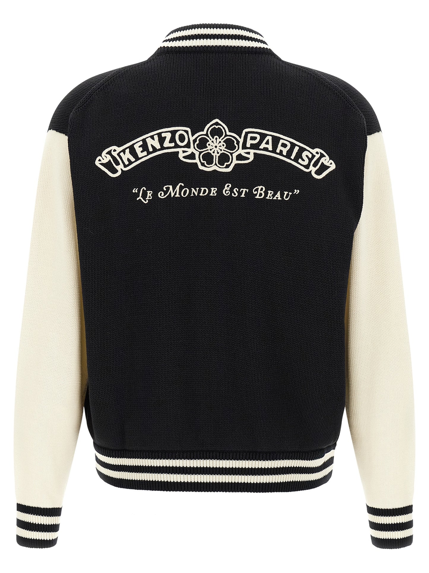 Cardigan by Kenzo for men in cotton bicolour, black, cream, silver, white & striped features a dramatic silhouette, showcasing a sophisticated and dramatic detail for a timeless, premium look.