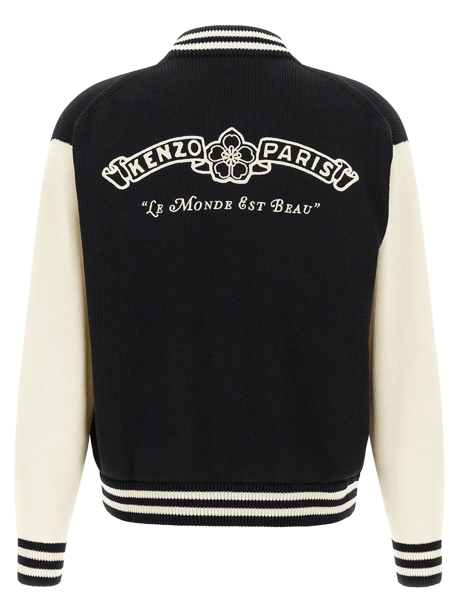Cardigan by Kenzo for men in cotton bicolour, black, cream, silver, white & striped features a dramatic silhouette, showcasing a sophisticated and dramatic detail for a timeless, premium look.