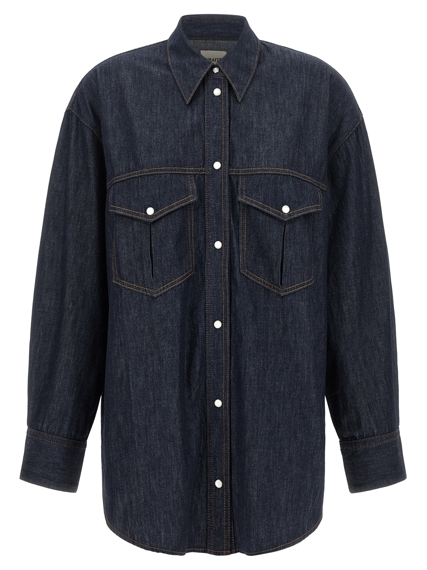 Blouse by Khaite for women in denim cotton blue & indigo features an polished silhouette, showcasing a sophisticated and detail for a truly polished finish.