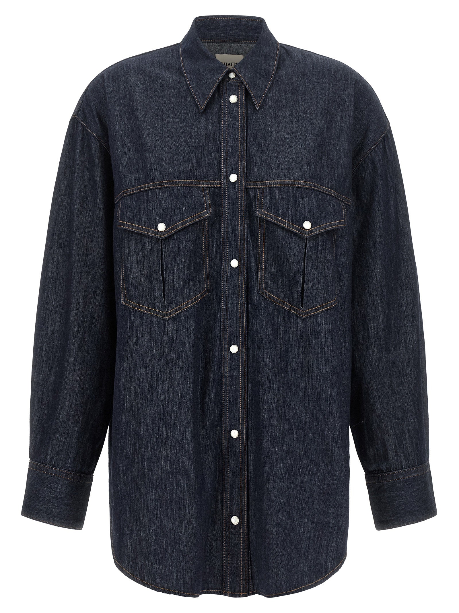 Blouse by Khaite for women in denim cotton blue & indigo features an polished silhouette, showcasing a sophisticated and detail for a truly polished finish.