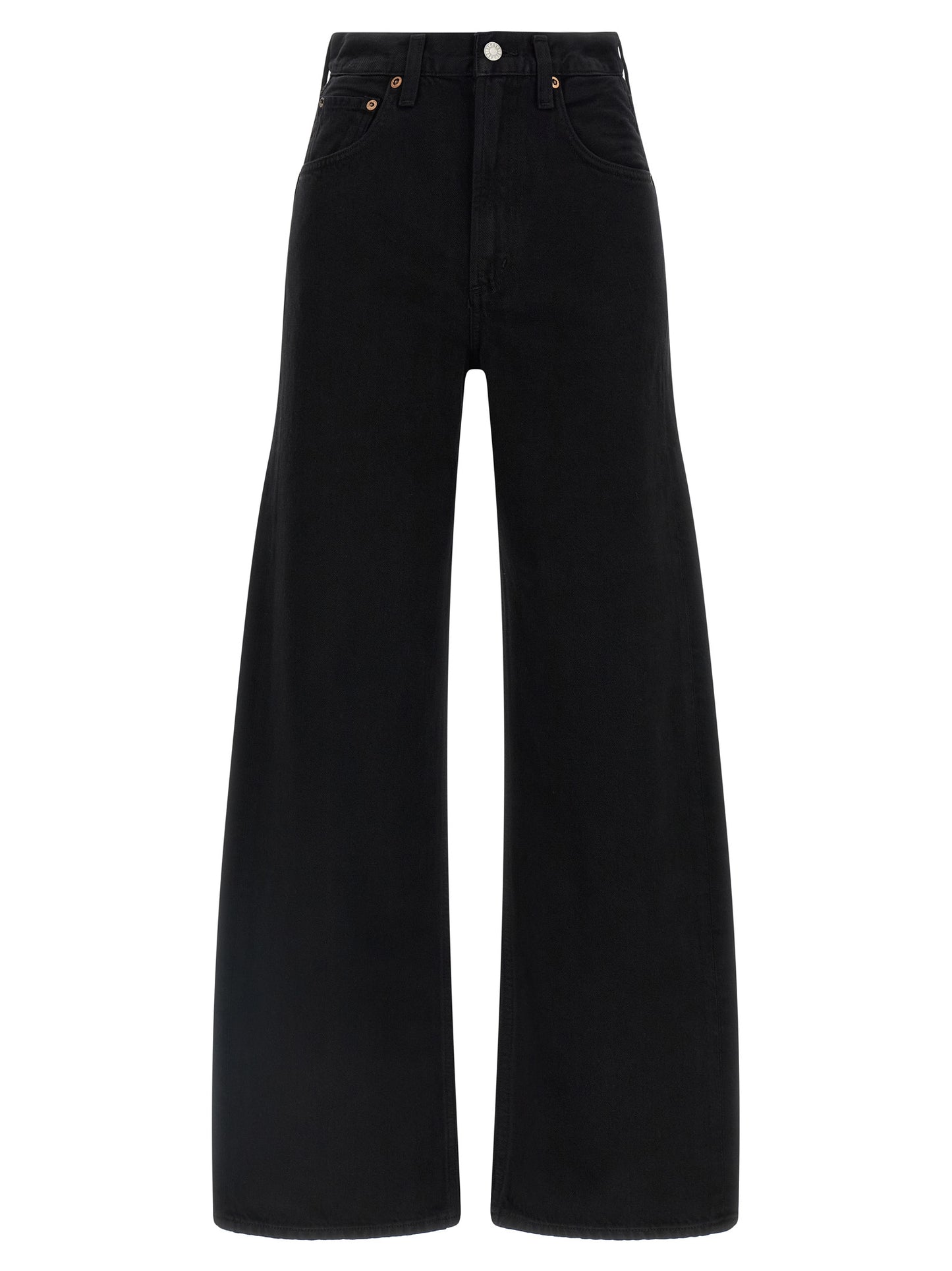 Jeans by Agolde for women in cotton denim black, copper & silver features a polished silhouette with a polished relaxed-fit, reaching a polished long and finished with a polished mid rise.