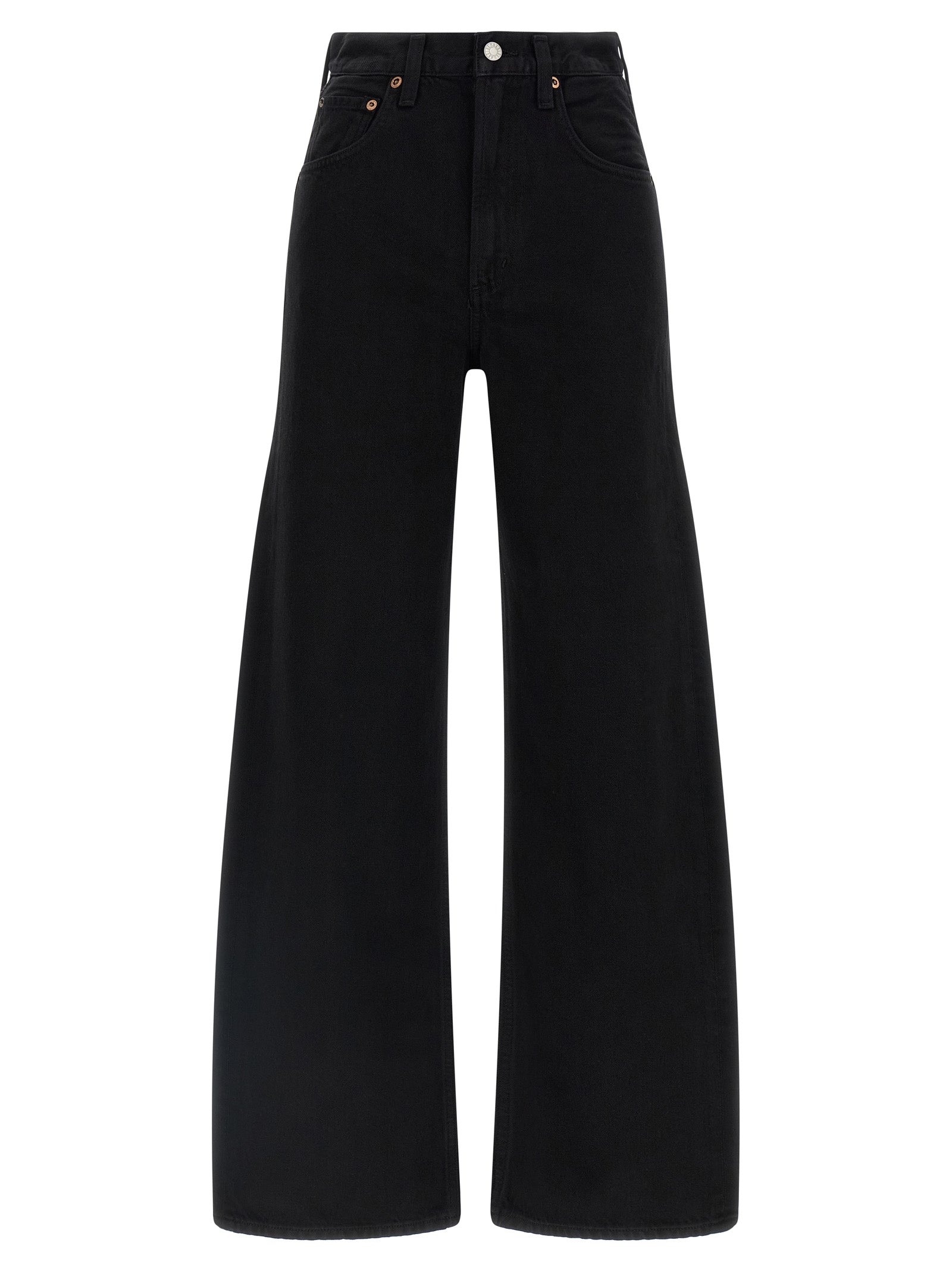 Jeans by Agolde for women in cotton denim black, copper & silver features a polished silhouette with a polished relaxed-fit, reaching a polished long and finished with a polished mid rise.