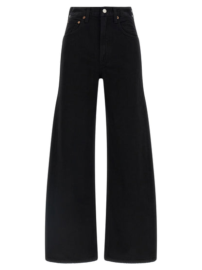 Jeans by Agolde for women in cotton denim black, copper & silver features a polished silhouette with a polished relaxed-fit, reaching a polished long and finished with a polished mid rise.