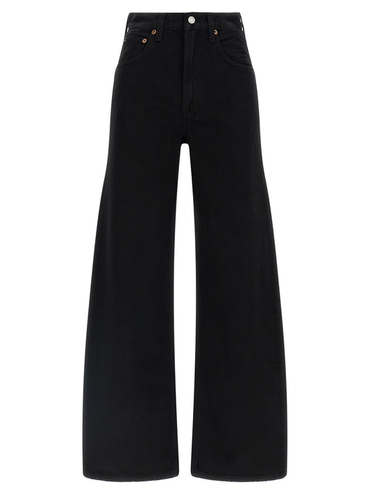 Jeans by Agolde for women in cotton denim black, copper & silver features a polished silhouette with a polished relaxed-fit, reaching a polished long and finished with a polished mid rise.