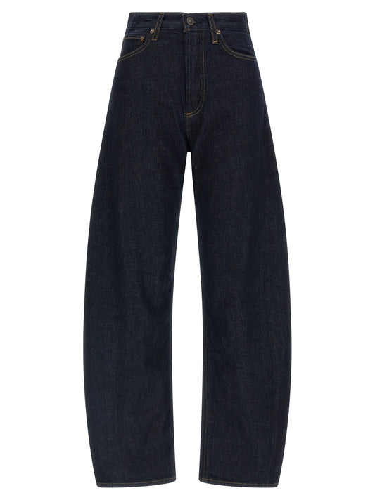 Jeans by Agolde for women in denim cotton dark-blue & signature features an sartorial wide and long with a high rise cut for a sartorial finish.