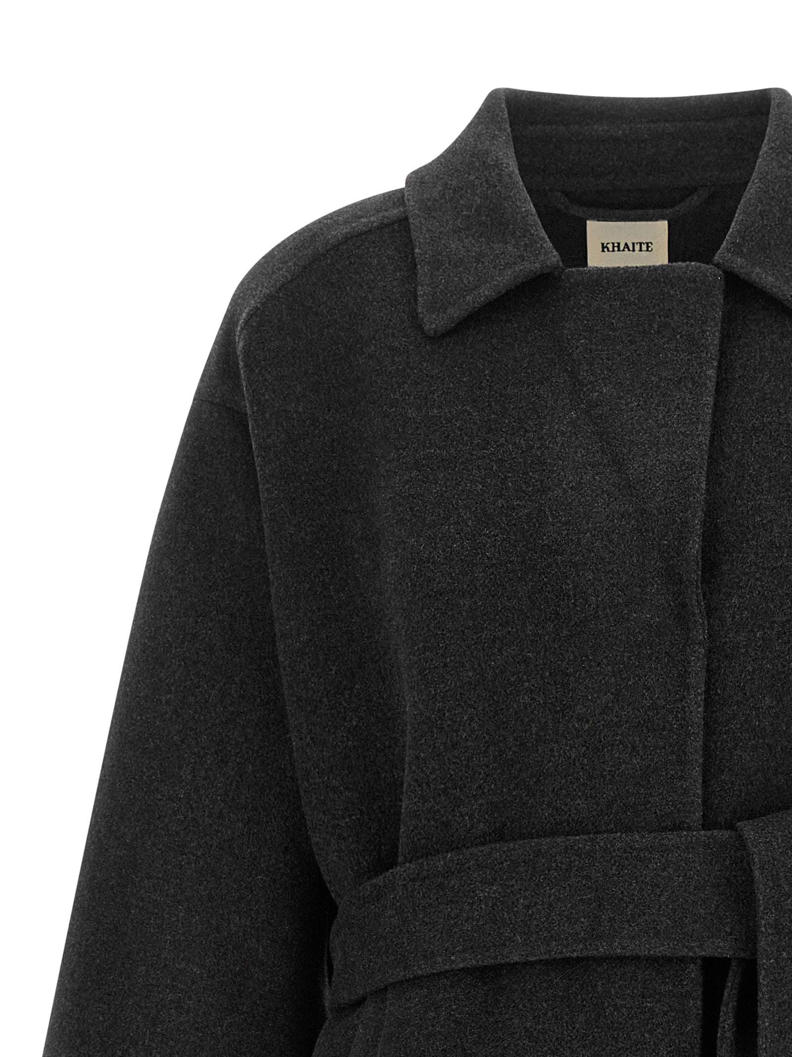 Overcoat by Khaite for women in wool gray showcases a enveloping silhouette, detailed with distinctive and a enveloping .