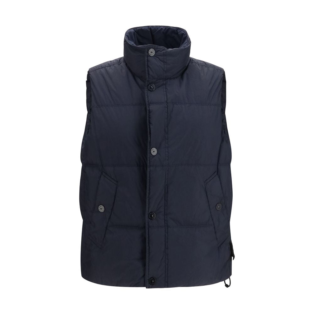 Vest by Stone Island for men in nylon resin duck & goose down blue & signature features a chic silhouette, expertly detailed with a refined stand-collar neckline and premium lightweight, pockets & insulated for a truly chic look.