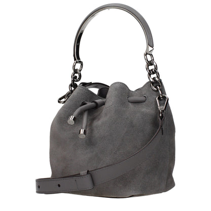 Handbag by Jimmy Choo for women in suede leather gray features an refined silhouette, showcasing a secure , ample , and versatile adjustable-strap for a sophisticated refined aesthetic.