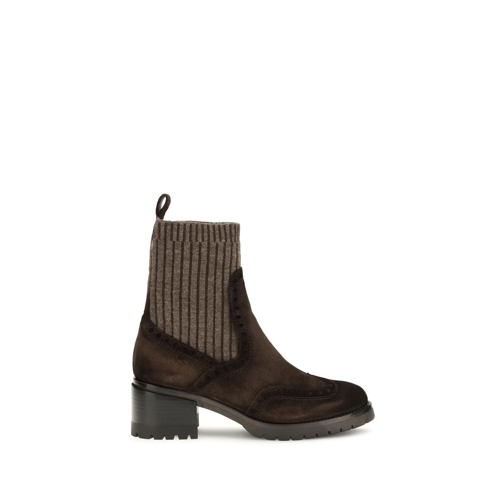Ankle Boots by Santoni for women in bos taurus suede calfskin leather & cotton brown & signature features an avant-garde Women's Bos Taurus Suede Calfskin Leather & Cotton Ankle Boots silhouette, defined by a sophisticated and a avant-garde .