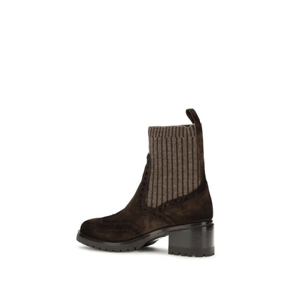 Ankle Boots by Santoni for women in bos taurus suede calfskin leather & cotton brown & signature showcases a ergonomic silhouette from the Women's Bos Taurus Suede Calfskin Leather & Cotton Ankle Boots collection, featuring a ergonomic and a ergonomic .