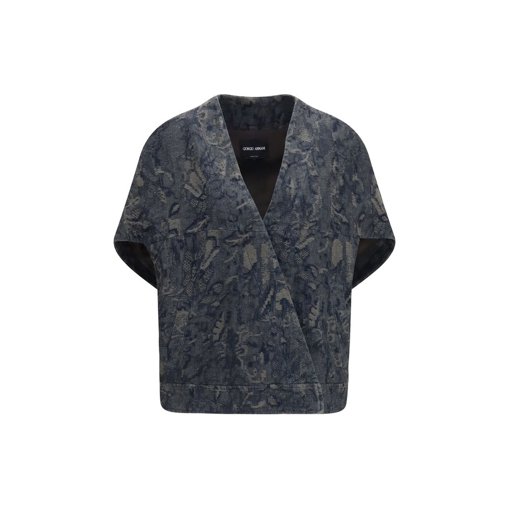 Giorgio Armani Women's Silk & Cotton Denim Trucker Jacket - Blue Natural Floral Jacquard
