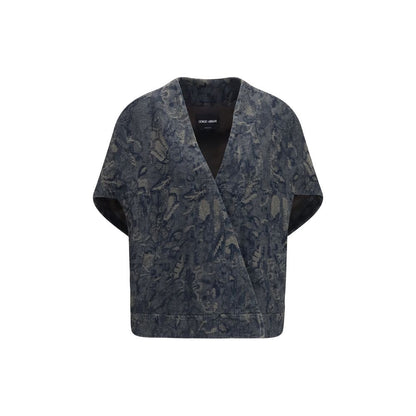 Giorgio Armani Women's Silk & Cotton Denim Trucker Jacket - Blue Natural Floral Jacquard