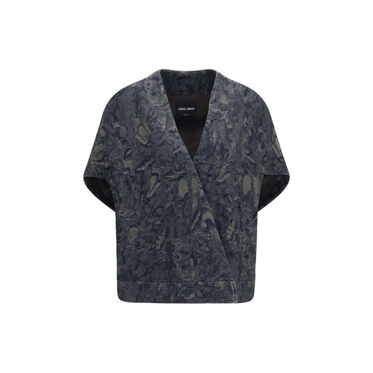 Giorgio Armani Women's Silk & Cotton Denim Trucker Jacket - Blue Natural Floral Jacquard