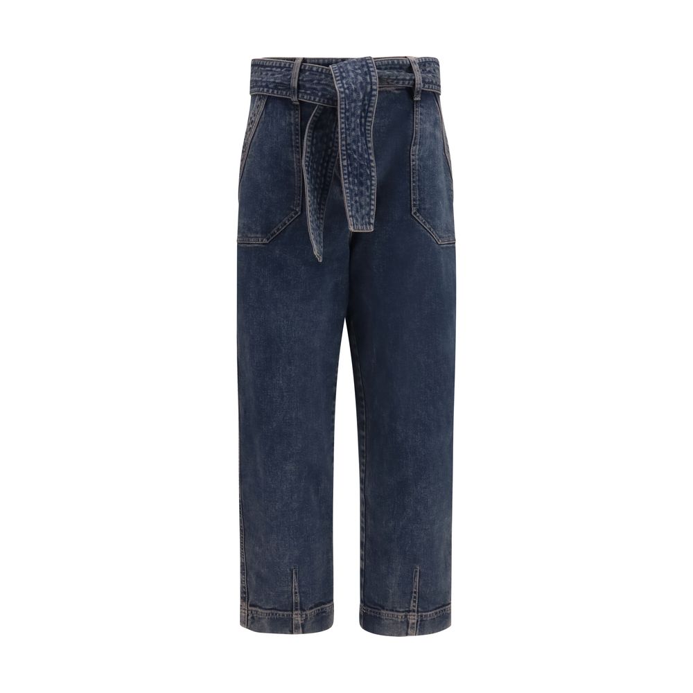 Jeans by Giorgio Armani for women in stretch denim cotton blue features a polished silhouette with a polished regular-fit & wide, reaching a polished long and finished with a polished .