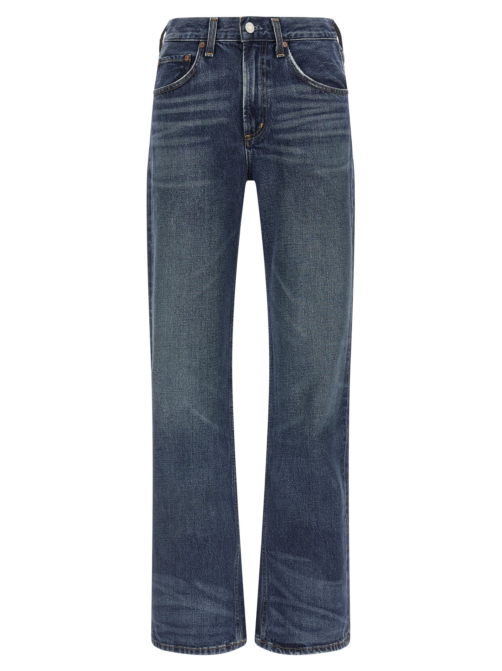 Jeans by Agolde for women in denim cotton blue & indigo presents a refined pantology silhouette, artfully defined by a refined pantology flared & bootcut, long, and a sophisticated mid rise.