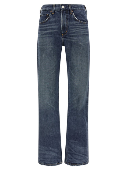 Jeans by Agolde for women in denim cotton blue & indigo presents a refined pantology silhouette, artfully defined by a refined pantology flared & bootcut, long, and a sophisticated mid rise.