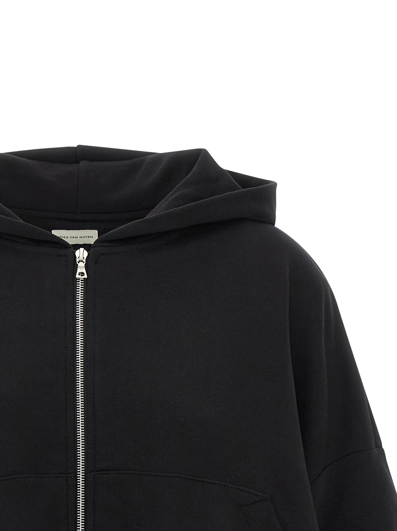 Sweatshirt Hoodie by Dries Van Noten for women in cotton black & silver features a slouchy chic silhouette, detailed with a slouchy chic and a signature hooded neckline for an elevated aesthetic.