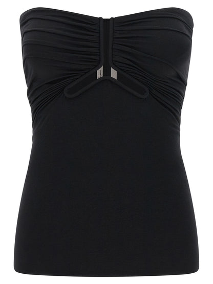 Corset Top by Rick Owens for women in stretch nylon black showcases a sumptuous silhouette, artfully detailed with a sumptuous strapless neckline and strapless; sleeveless for a truly sumptuous finish.