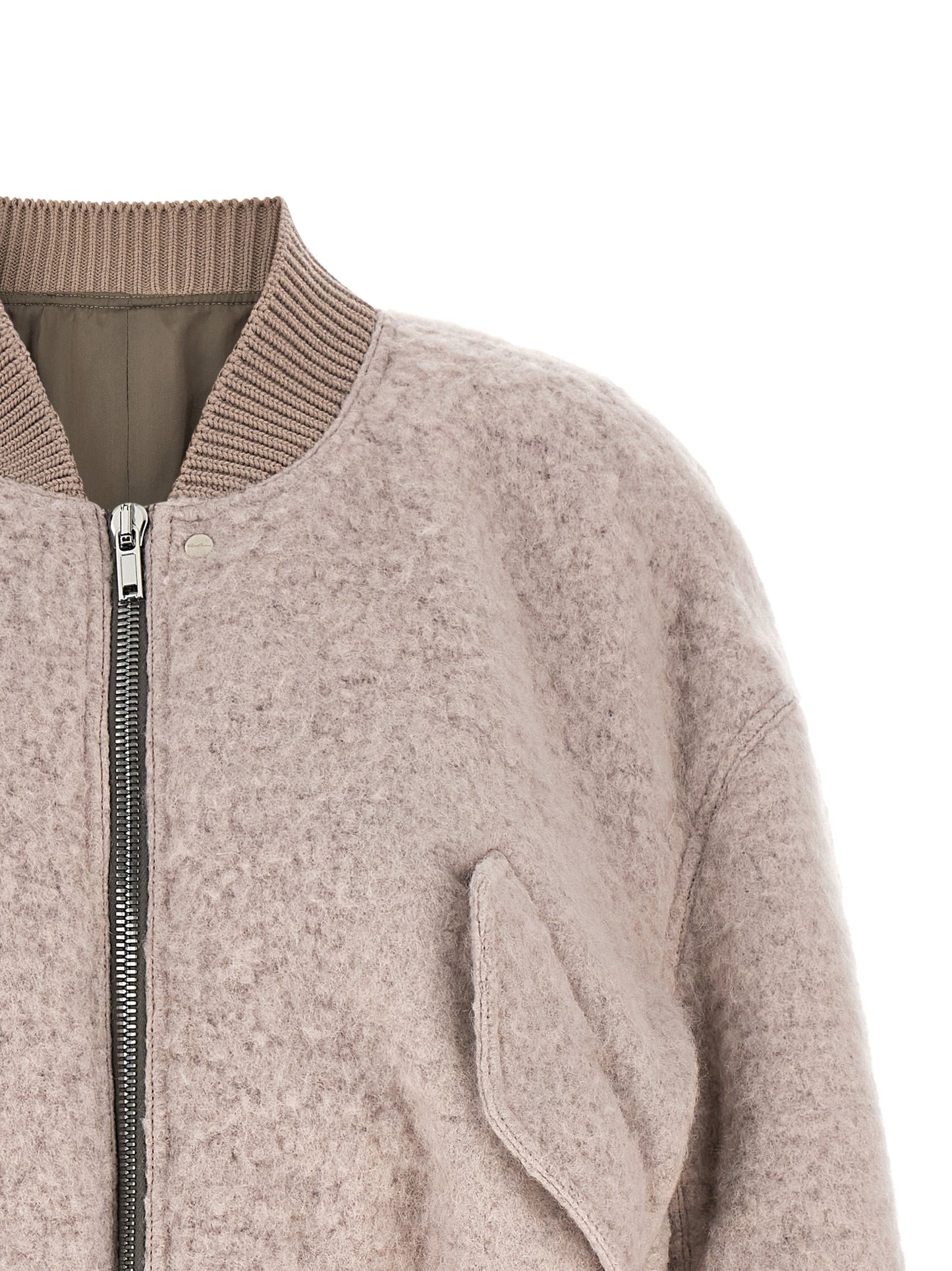 Bomber Jacket by Rick Owens for women in nylon alpaca wool & marabou multicolor & powder-pink features a dramatic silhouette, showcasing a sophisticated and distinctive pockets for a dramatic aesthetic.